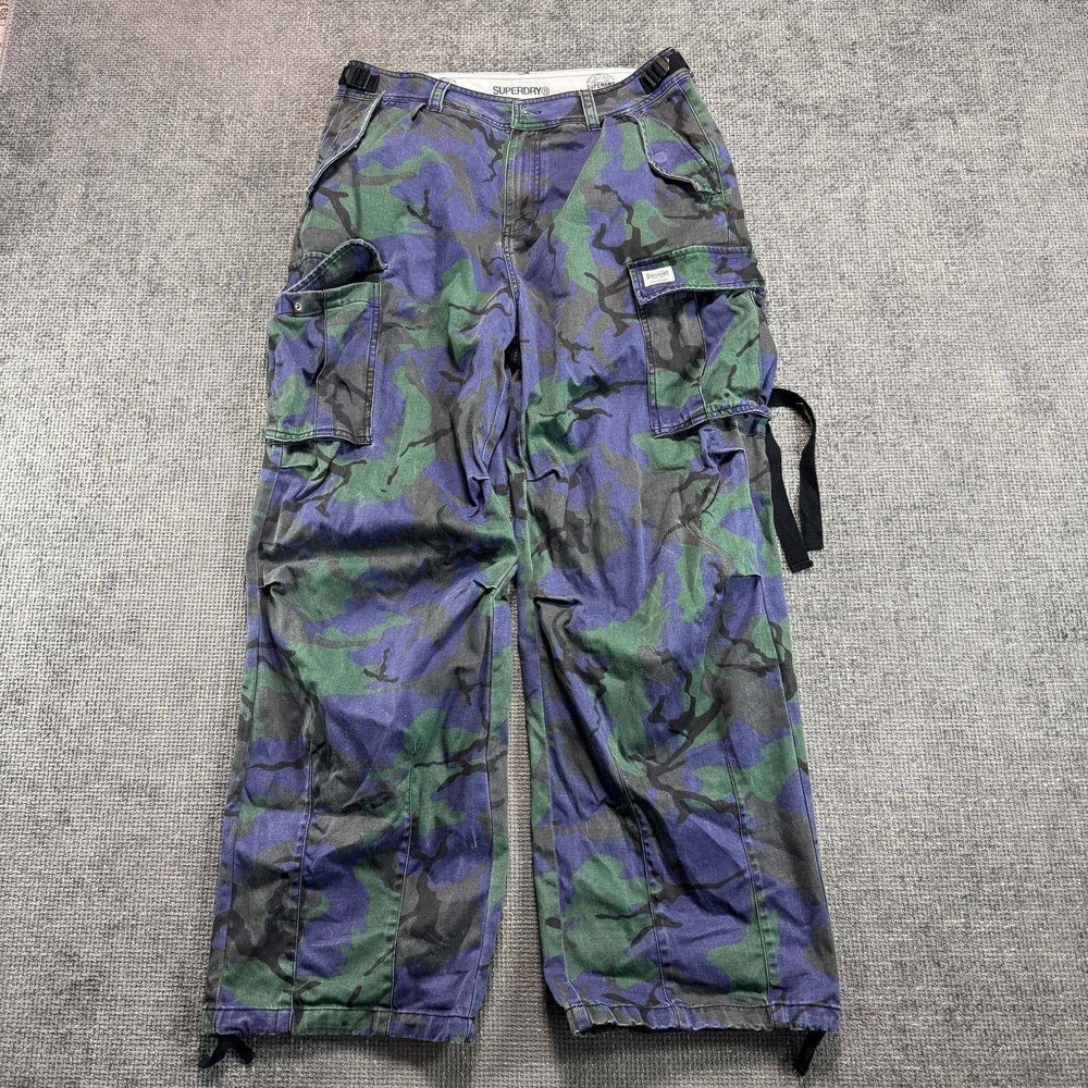 Superdry Camo Cargo Pants Mens 35 Purple Green Tactical Y2K Wide Leg Utility